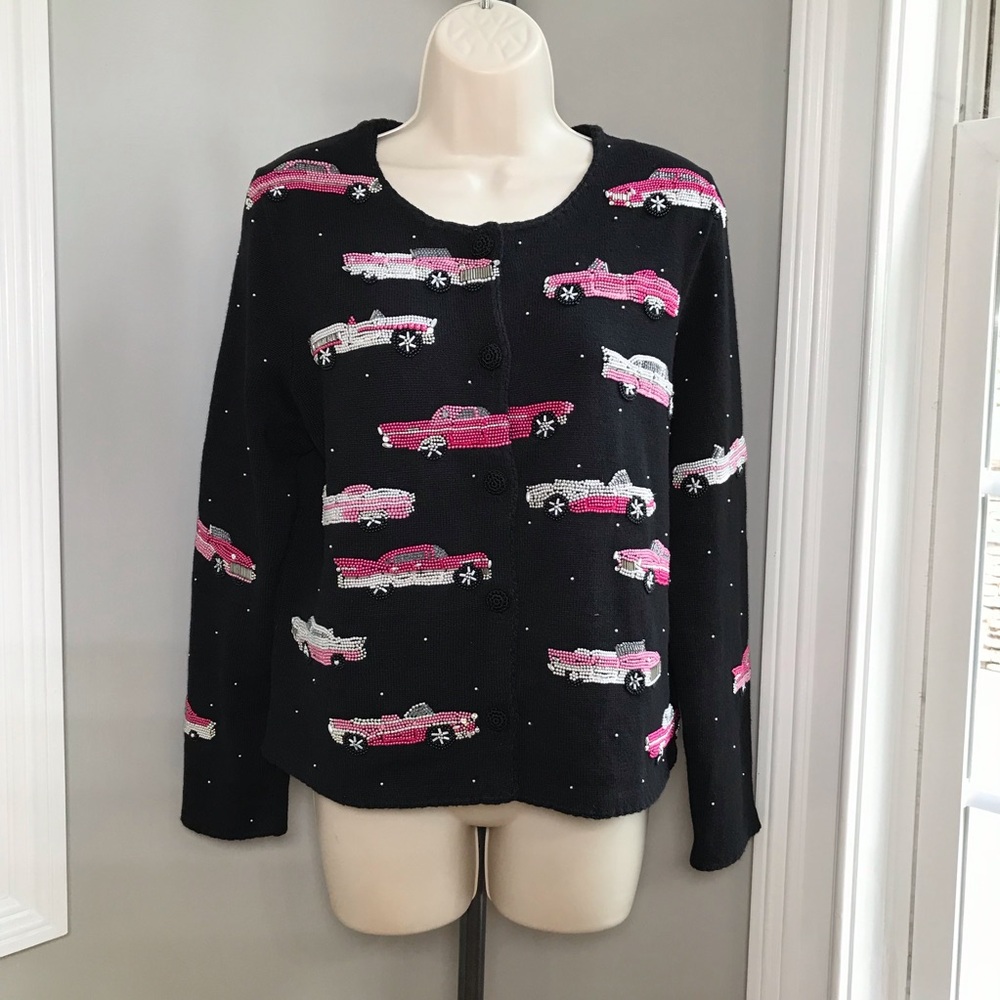 Vintage Michael Simon Pink Cadillac Cars Cardigan Sweater ~ Women’s Medium